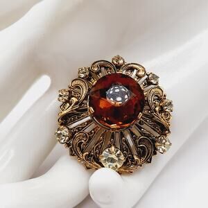 Vintage 1940s Topaz Rhinestone Filigree Brooch West Germany Style - 1 3/8 Inches